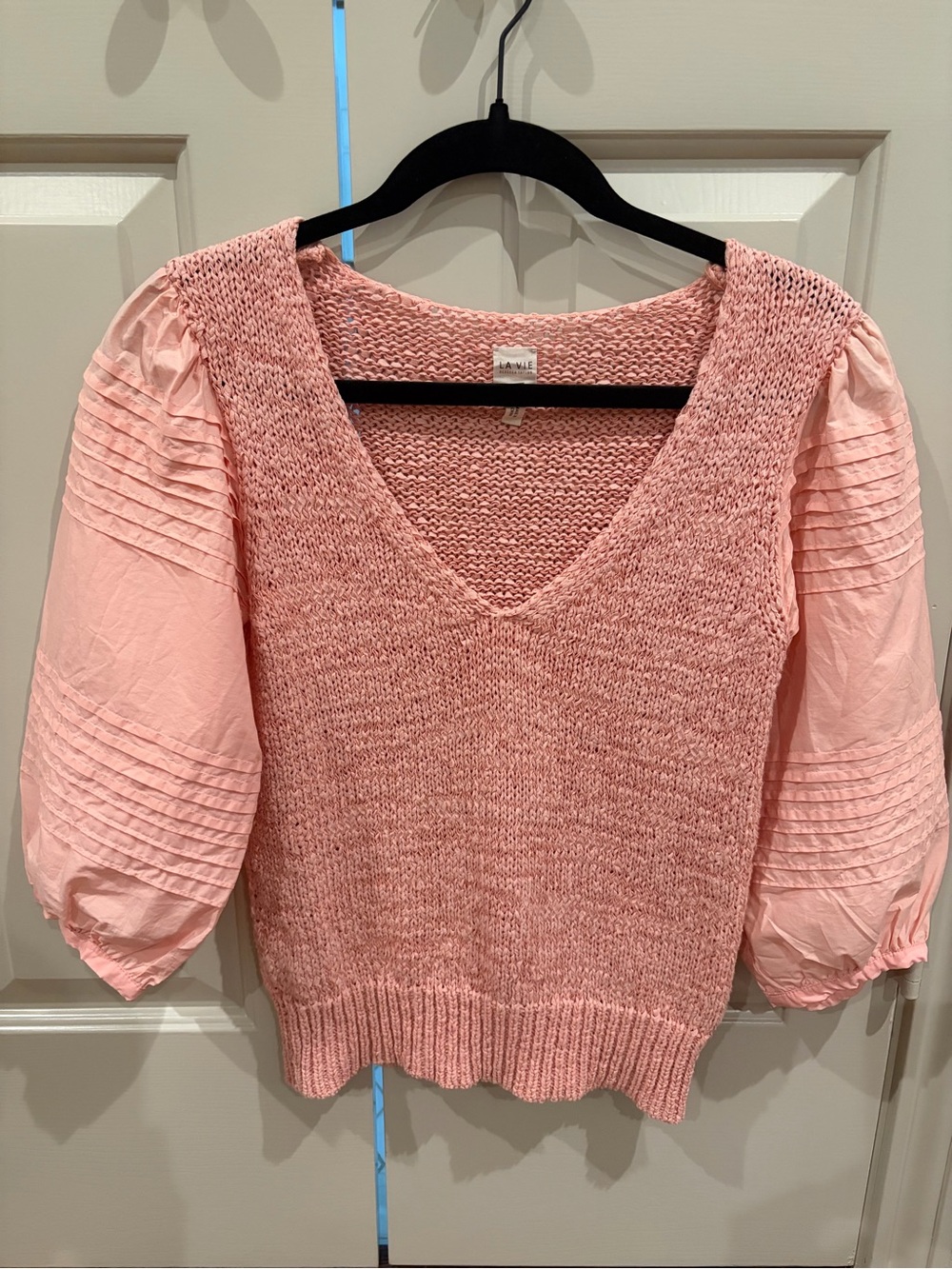 Rebecca Taylor Soft Pink V-Neck Puff Sleeve Sweater